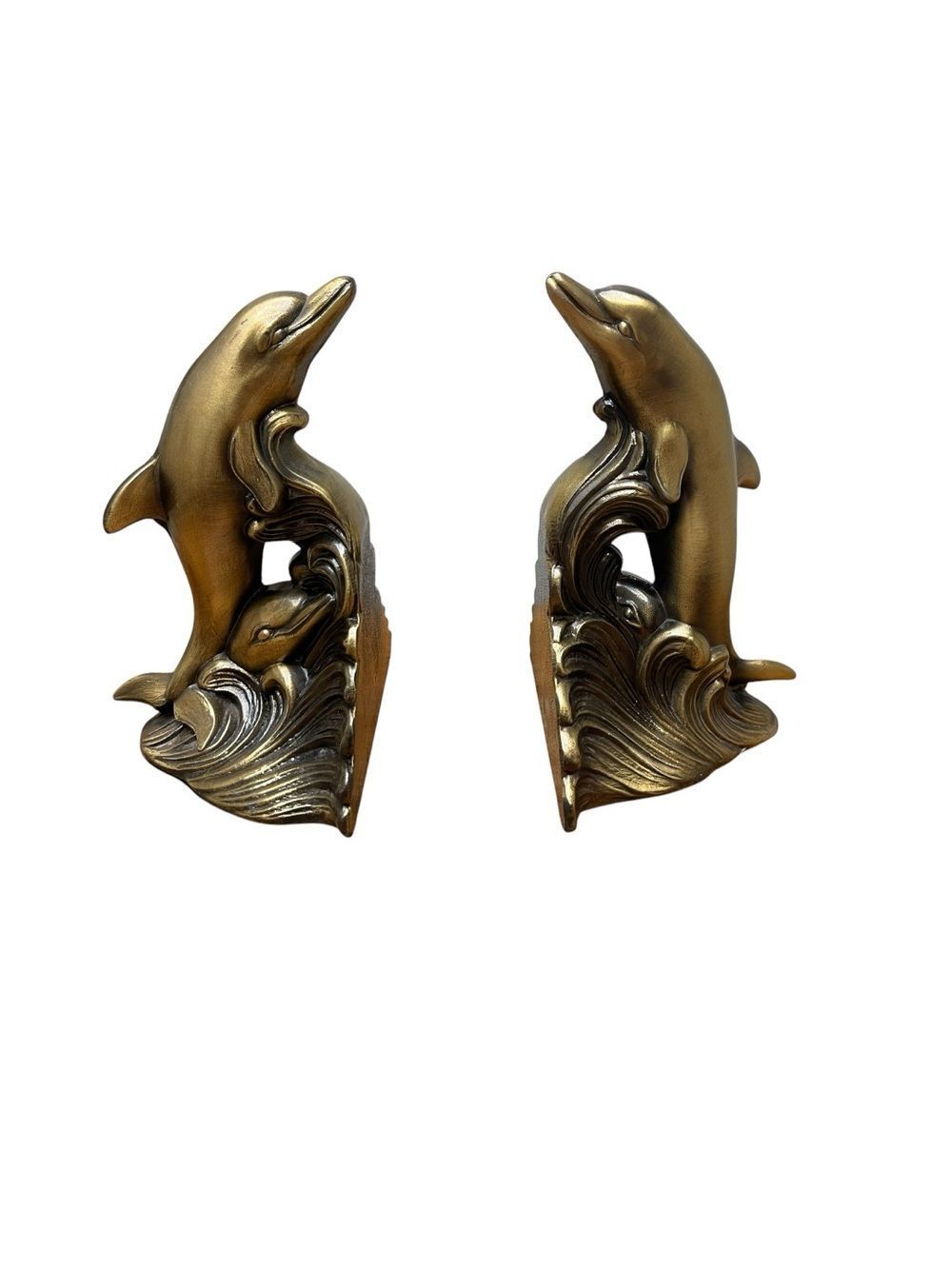 Vintage 1975 Dolphin Bookends Coastal Hollywood Regency Decor Brass Tone Pair